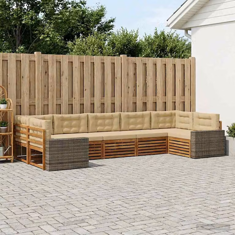 Set di divani da esterno vidaXL a forma di U in legno di acacia con cuscini, colore beige e marrone