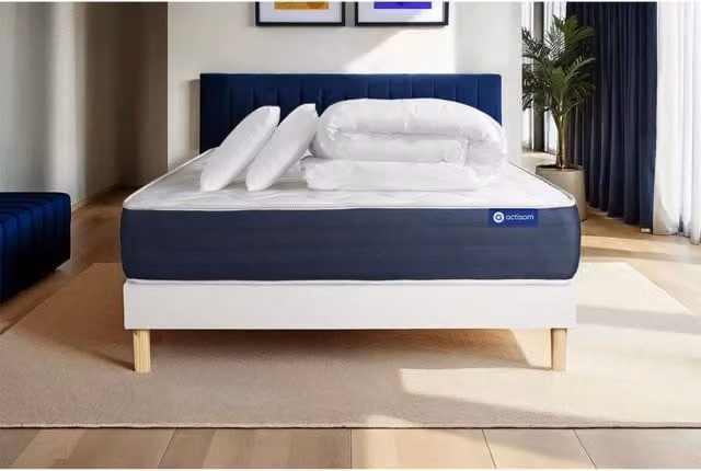 Pacchetto letto completo - Materasso 180x200cm + Box spring con doghe (in kit) + 2 cuscini + Piumino - Actimemo Sleep