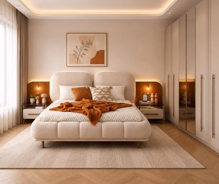 Set per camera da letto: letto, armadio. Stile moderno, colore beige, esteticamente piacevole
