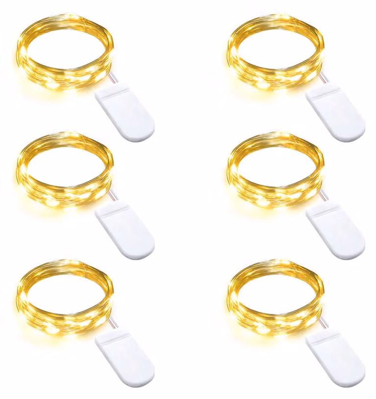 Catena luminosa a LED, 6 luci bianche calde, filo argentato da 2 metri, alimentazione a batteria