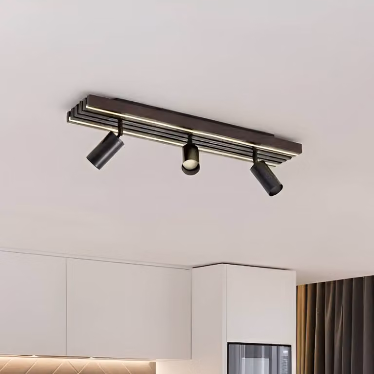 Lucande Faretto da soffitto LED Tiron, a 3 luci, 70 cm, rovere Tiron Lucande, dimmerabile, Legno scuro, Soggiorno / Sala da pranzo, Legno, Moderno
