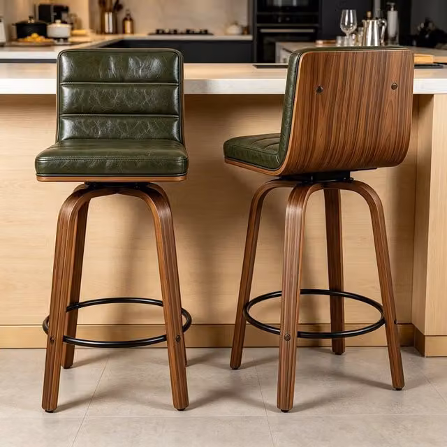 Sgabello da bar OKWISH in pelle PU verde con schienale ergonomico e poggiapiedi in metallo e legno in stile retro