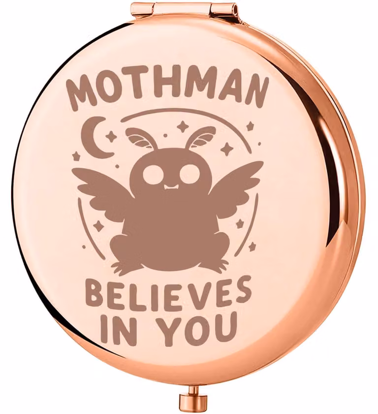 Specchio compatto a forma di Mothman, criptide, diametro 6,5 cm, a doppio lato, ideale per il trucco da viaggio