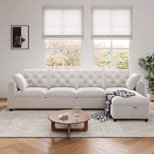 Divano Angolare in Velluto con Contenitore e Braccioli ¨C MINIMAL ¨C Beige, 281x86x71 cm