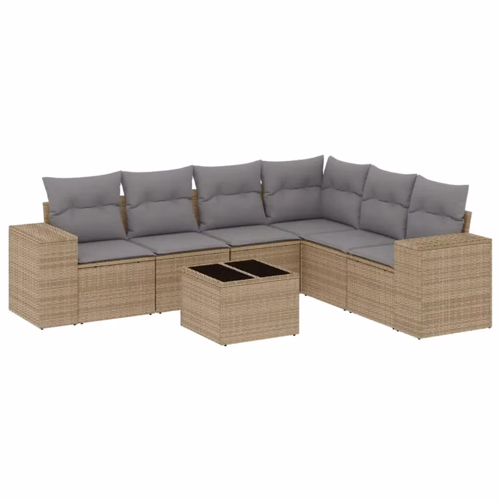vidaXL Set Divani da Giardino 7 pz a Forma L in Polyrattan con Cuscini Beige e Tavolino da Esterno – 2