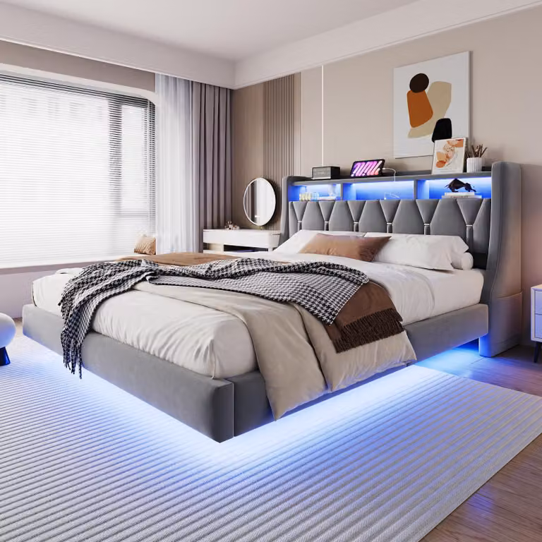Letto imbottito Merax 180x200cm con testata ribaltabile, letto contenitore con LED, connessione di ricarica USB e type-C, design fluttuante, letto matrimoniale in velluto, grigio