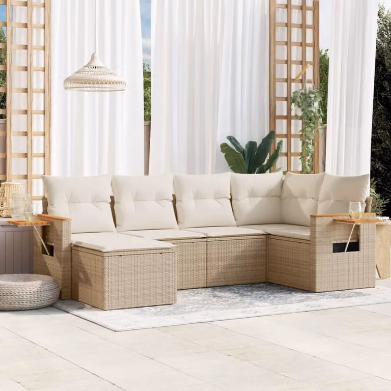 vidaXL Set Divano da Giardino a L in Polyrattan Beige con Cuscini e Tavolino da Esterno 6 pz
