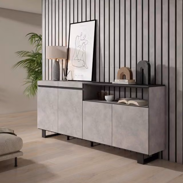 Credenza, Mobile, 200x35x87cm, 4 Porte, Design industriale, grigio cemento RF2372