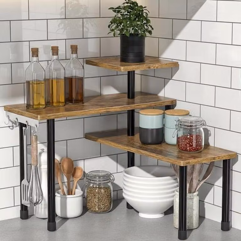 Scaffale da cucina – Portaoggetti a 3 livelli per spezie, con 4 ganci, salvaspazio e regolabile, ideale per l'area del caffè e per l'organizzazione