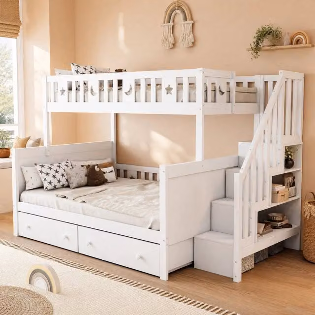 Letto a castello per bambini bianco 90x200/140x200 cm con scala contenitore