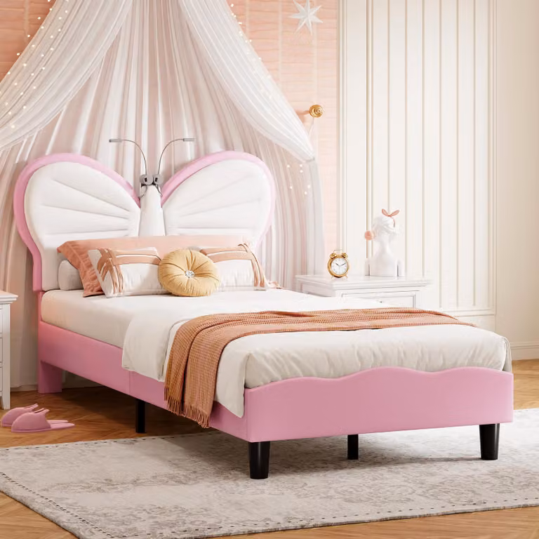 Letto imbottito 90x200 cm con lampade da lettura a LED, testata a farfalla, regolabile in altezza, letto imbottito in velluto per materassi da 10-15 cm, letto per ragazzi