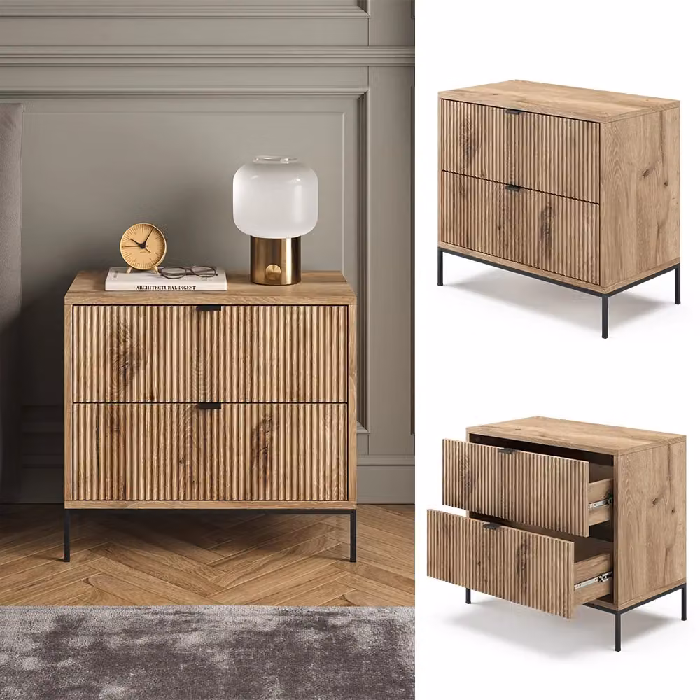 Comodino Eliza Vicco in Quercia, colore Marrone con 2 cassetti, L: 60 cm, H: 66 cm, P: 36 cm – 2