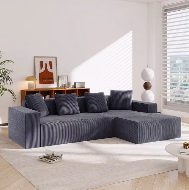 Divano modulare 261x146 cm grigio in velluto a coste con chaise longue