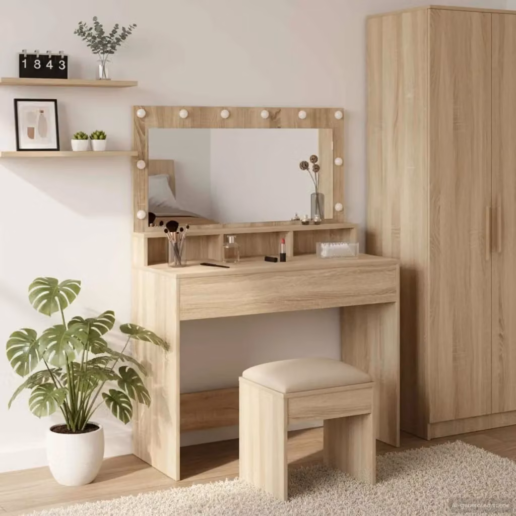 Toeletta moderna con specchio Hollywood LED in finitura Rovere Sonoma, L 100 x P 41 x H 135 cm – 2