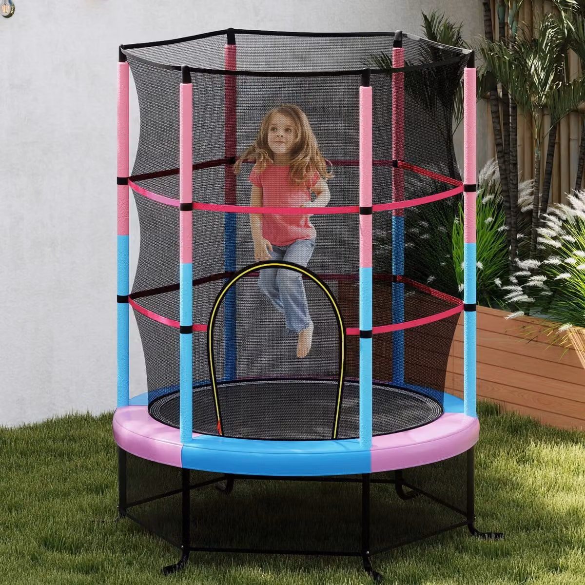 Costway Tappeto elastico per bambini con rete di sicurezza e struttura in acciaio, Rosa
