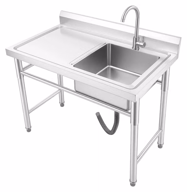 Lavello da cucina - Vasca singola in acciaio inossidabile, con posizione della vasca a destra - Completo di rubinetteria - Rettangolare - 1 foro per il rubinetto - 100 x 60 x 93 cm - Argento