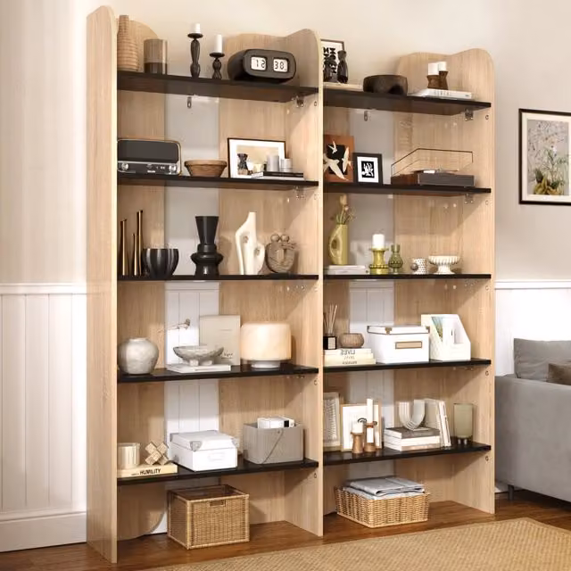 Libreria aperta a 5 ripiani REDOM in legno e metallo, colore naturale e nero, H: 160 cm, L: 135 cm, P: 25 cm
