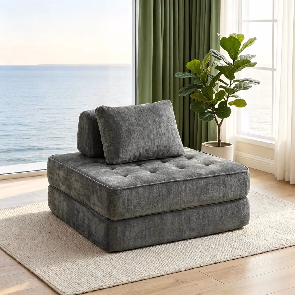 Divano letto pieghevole 2 in 1 WISHDOR in chenille grigio, 1 posto, con cuscino e struttura senza braccioli – 2