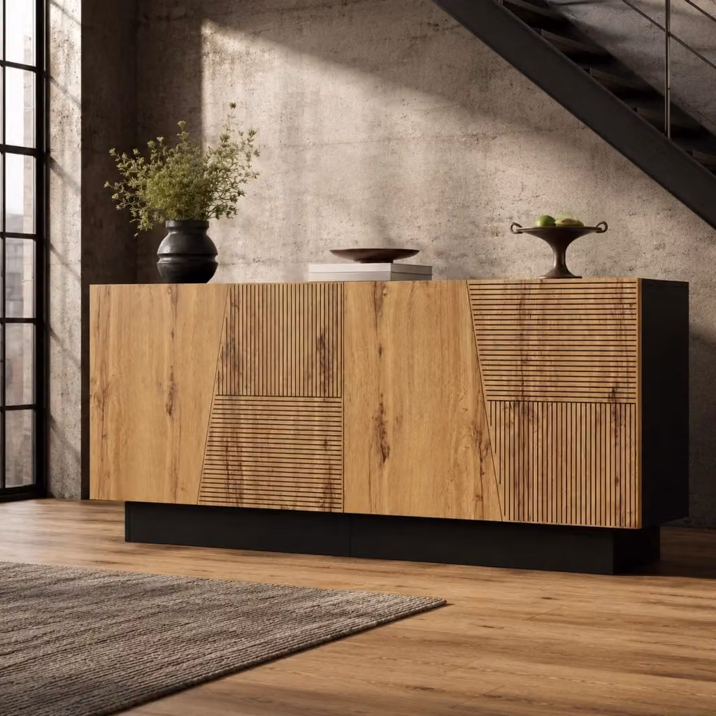 Credenza moderna geometrica in MDF e legno nero e marrone con ampio spazio contenitivo L: 160 cm, H: 72 cm, P: 40 cm – 2