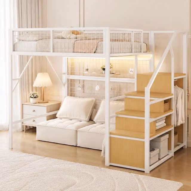 Letto a Castello in Metallo 140x200 cm con Scala e Spazio Contenitore Bianco