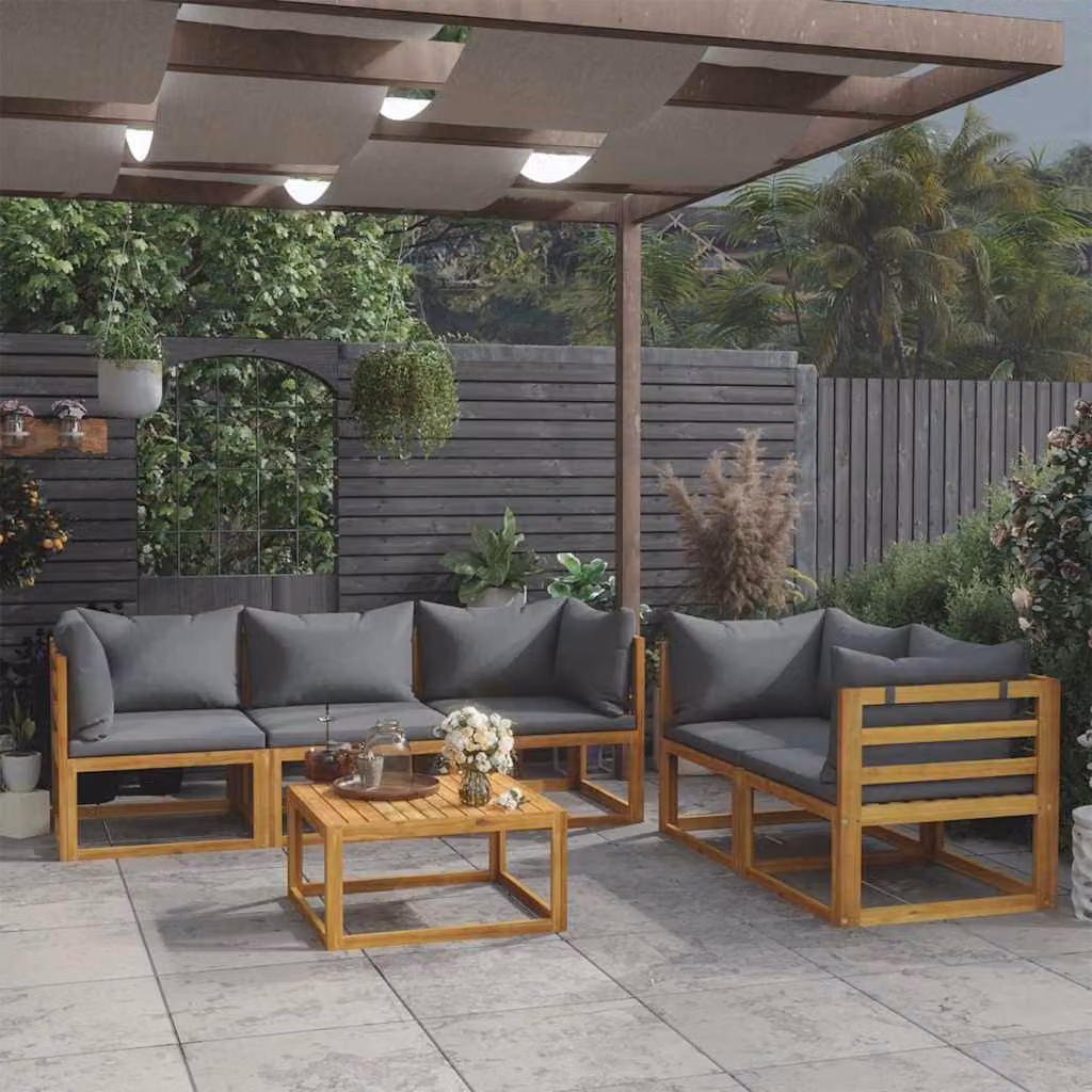 Set di divani da giardino vidaXL in legno di acacia con cuscini grigi e tavolino da esterno, 6 pezzi – 1