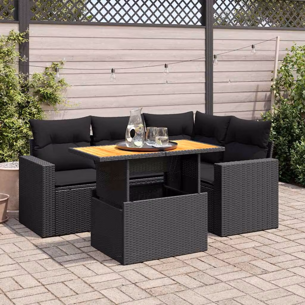 Set da giardino vidaXL in polyrattan nero con cuscini e tavolino da esterno a forma di L