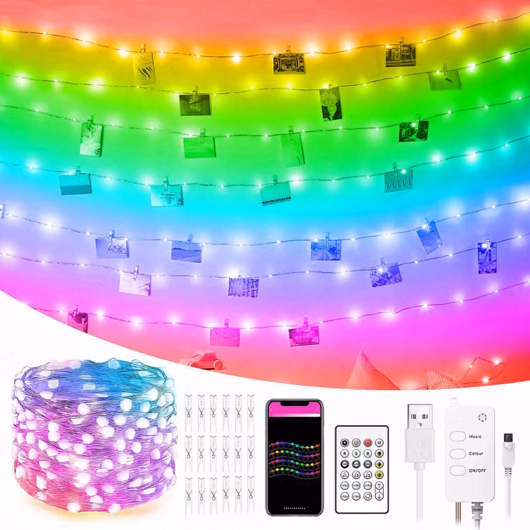Catena luminosa a LED da 10 metri, multicolore, con clip per foto, con funzionalità smart