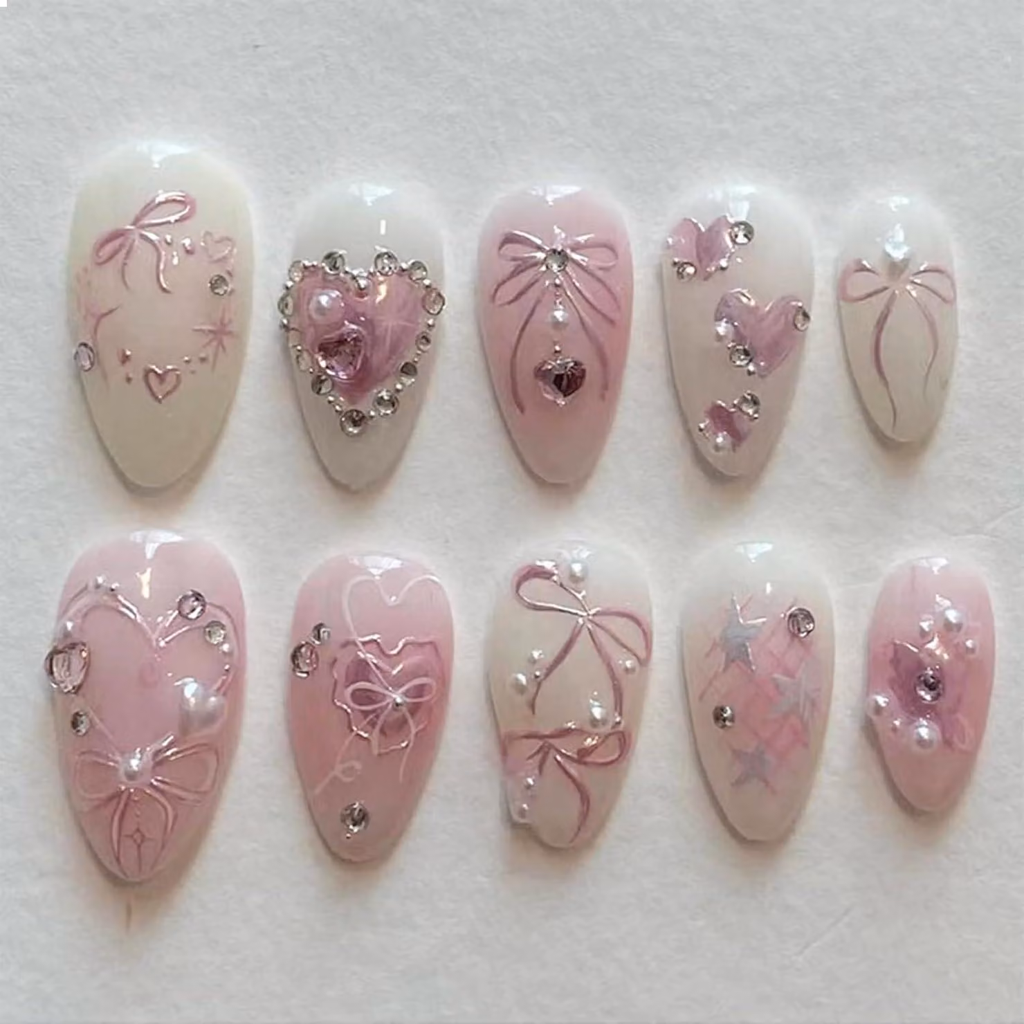 French press on nails rosa - 24 pezzi con design 3D a cuore e gioiello