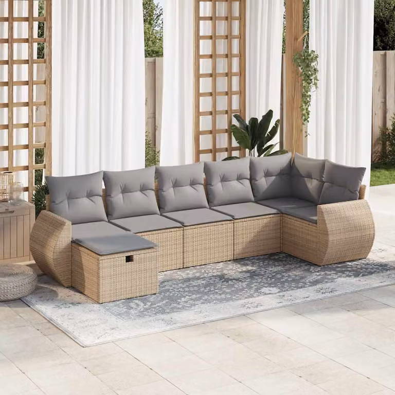 Set Divani da Giardino vidaXL 7 pz a Forma a L con Cuscini Beige e Struttura in Metallo