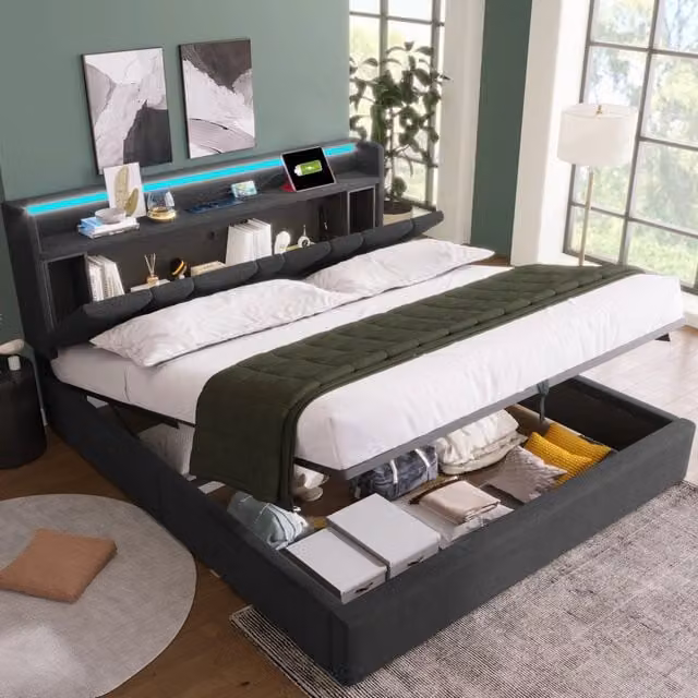 Letto Imbottito Contenitore con LED e USB ¨C Xylo ¨C Grigio 140x190 con Rete a Doghe