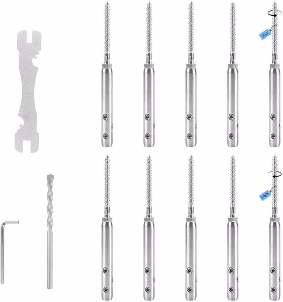 Set di tensionatori per cavi robusti, adatti per fili di recinzione in acciaio inossidabile da 3 mm. Ideali per l'installazione di stendini e fili, il set include 5 tensionatori destri e 5