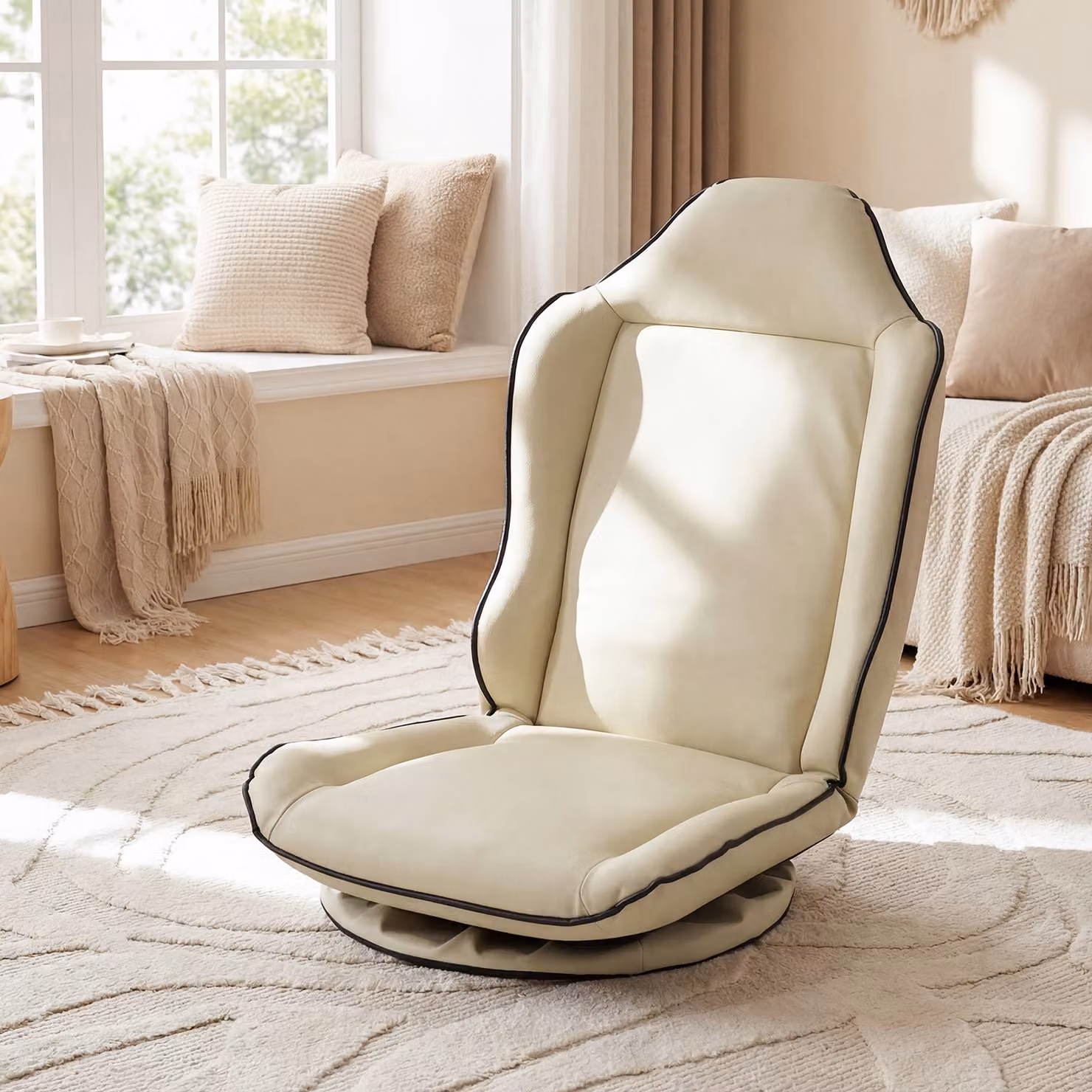 Sedia da pavimento pieghevole Costway con base girevole a 360°, schienale regolabile e imbottitura in ecopelle beige o bianca per soggiorno e camera da letto