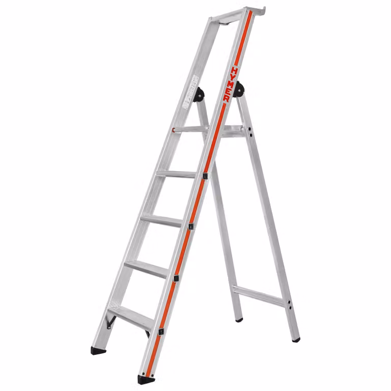 Scaletta Hymer con piattaforma, accesso su un solo lato, 5 gradini, altezza di abbassamento 1,78 m, altezza di sbraccio 3,16 m, peso 6,7 kg