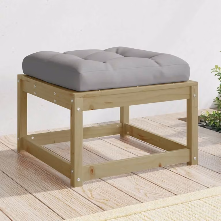 vidaXL Poggiapiedi da Giardino in Legno di Pino Trattato con Cuscini, Marrone e Grigio, L: 63,5 cm, P: 38,0 cm, H: 38,0 cm