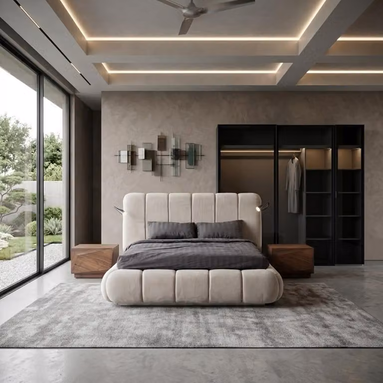 Set completo per camera da letto beige, elegante, composto da: letto imbottito, 2 comodini e una cassettiera