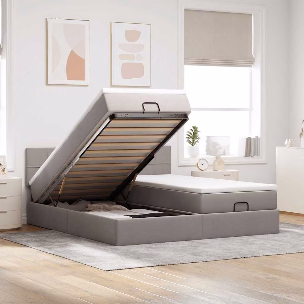 vidaXL Struttura Letto con Contenitore e Materasso in Tessuto, L/P/H: 160 x 200 x 203 cm, Colore Tortora