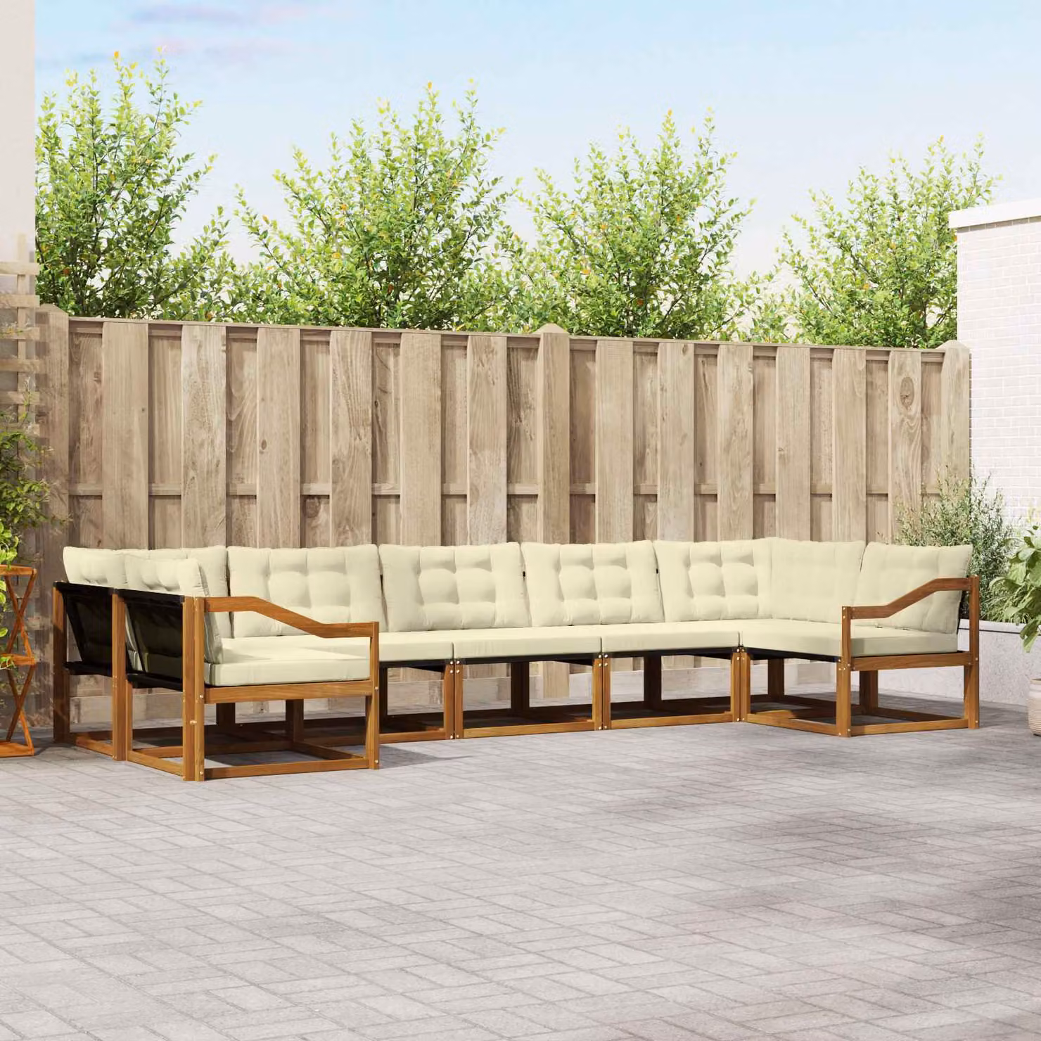 Set di divani da esterno vidaXL 7 pz a forma di U in legno di acacia con cuscini beige e bianco