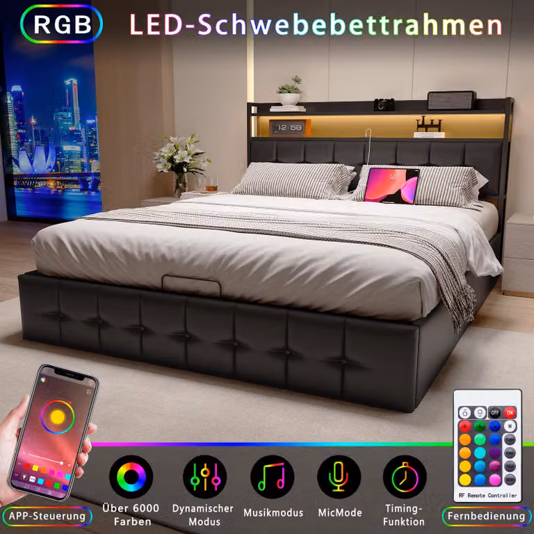 Letto imbottito UnboxG 140x190 cm in Finto cuoio nera con sistema di sollevamento idraulico, illuminazione a LED RGB, stazione di ricarica (USB-C + USB), contenitore con testiera imbottita per camera da letto