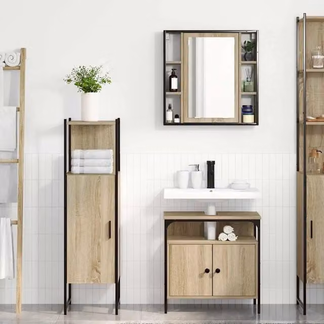 Set di mobili per il bagno moderno vidaXL composto da 3 pezzi in colore marrone con armadietto a specchio, mobile lavabo e colonna alta, L/P/H: 33 x 33 x 120,5 cm