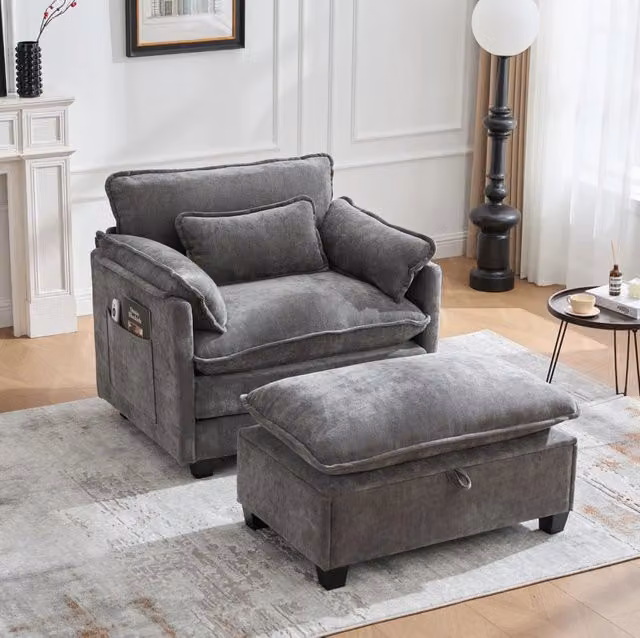 Poltrona in Chenille 103x85x91 cm con Pouf Contenitore e Tasche Laterali Grigia per Soggiorno; Camera e Studio