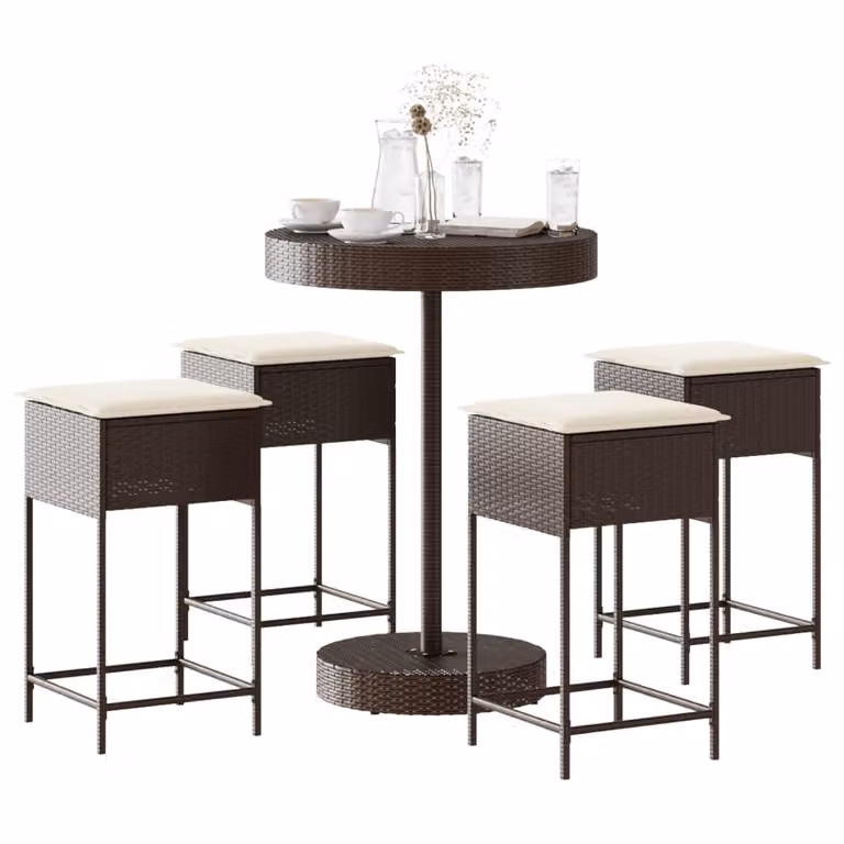 Set Bar da Giardino vidaXL in Polyrattan Marrone e Bianco con 5 Pezzi e Cuscini