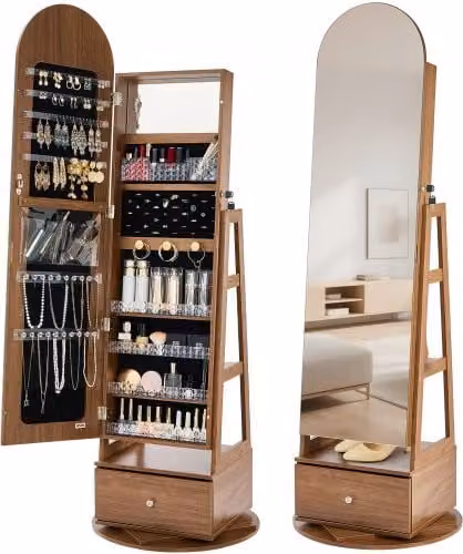Mobiletto Portagioielli Girevole VEVOR con Specchio a Figura Intera e Cassetti, Marrone, Altezza: 165.5 cm