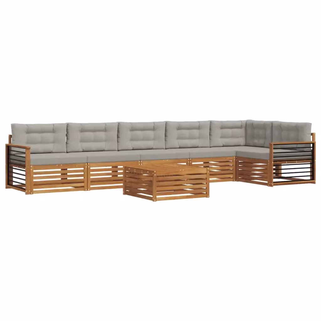 Set di divani da esterno vidaXL a forma di L composto da 7 pezzi con tavolino da caffè e cuscini, in legno di acacia trattato e tessuto grigio – 2