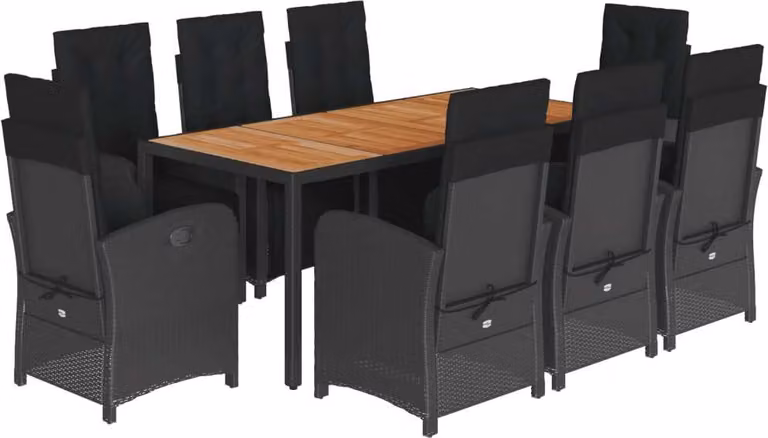 Set da Pranzo da Giardino 9 pz con Cuscini Nero in Polyrattan