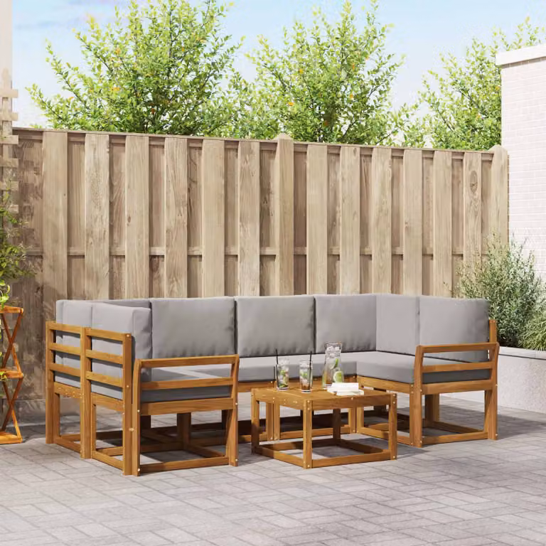 Set di divani da esterno vidaXL 7 pz in legno di acacia con cuscini Grigio e Marrone