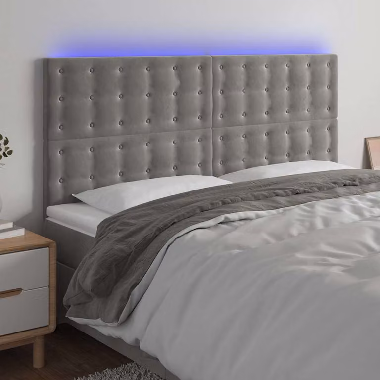 Testiera per letto vidaXL in velluto grigio con illuminazione LED integrata e porta di ricarica USB, L: 160 cm, P: 5 cm, H: 118-128 cm