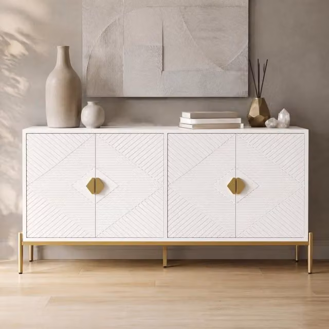 Sideboard bianco moderno in PB e MDF 162x40x80 cm con design geometrico e maniglie dorate