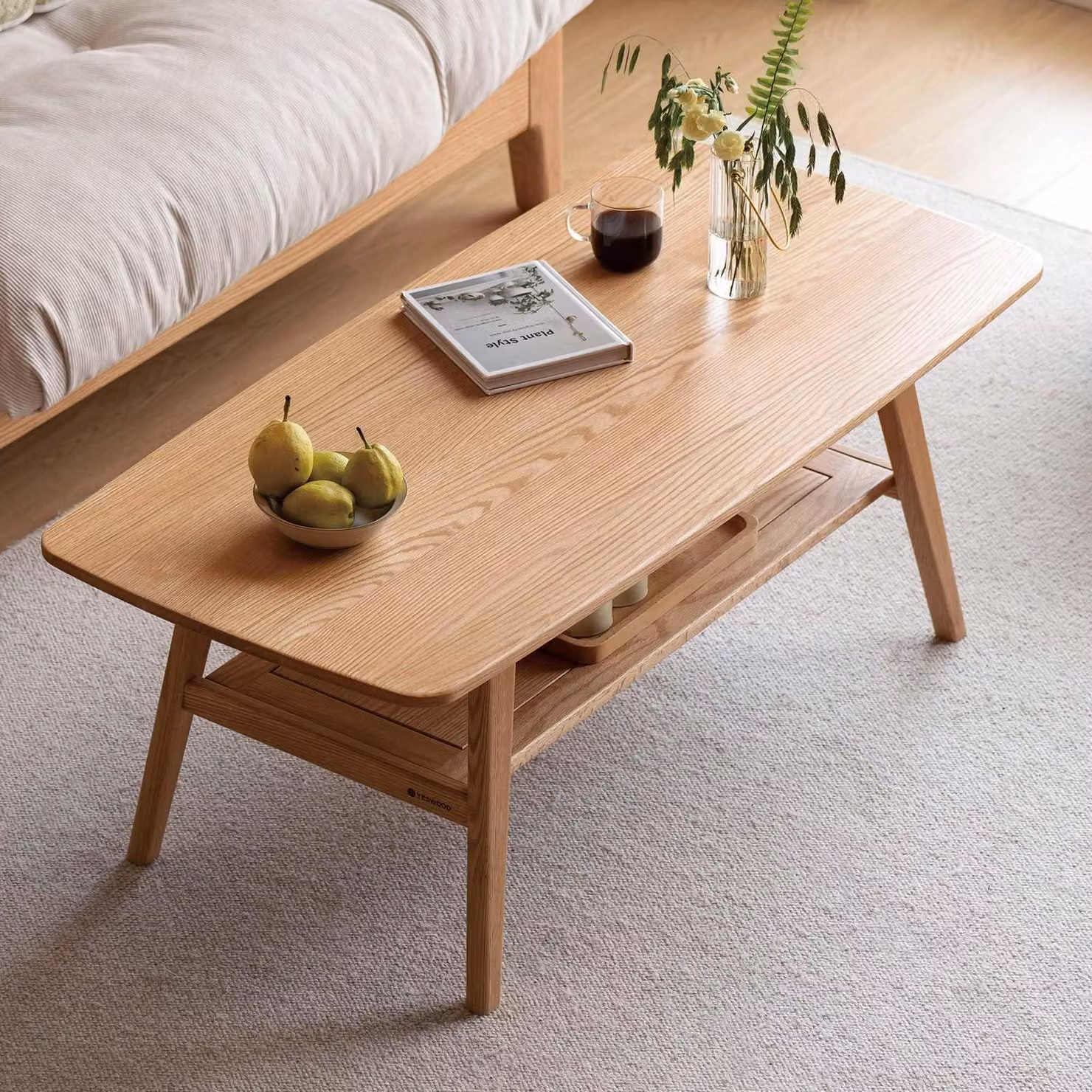 Tavolino da caffè in legno massello di quercia con ripiano, dimensioni 120 x 56 x 44 cm, finitura naturale