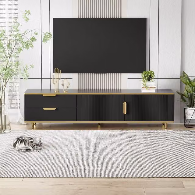 Mobile Porta TV Moderno GL Store con Effetto Marmo e Dettagli Dorati, Nero, L 175 cm x P 40 cm x H 45 cm