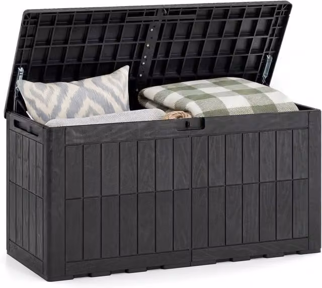 Cassapanca contenitore antintemperie con coperchio e serratura per giardino e soggiorno Nero
